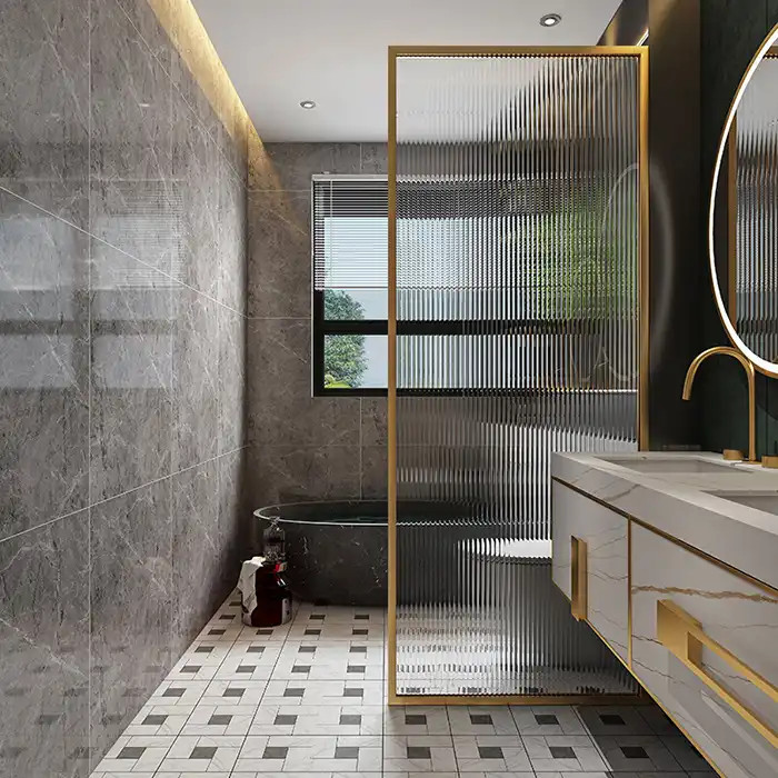 Vách kính cố định phòng tắm màu gold